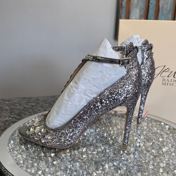 Badgley Mischka Silver Crystal T‑Strap Glitter Heels NEW 8.5 - Picture 8 of 14